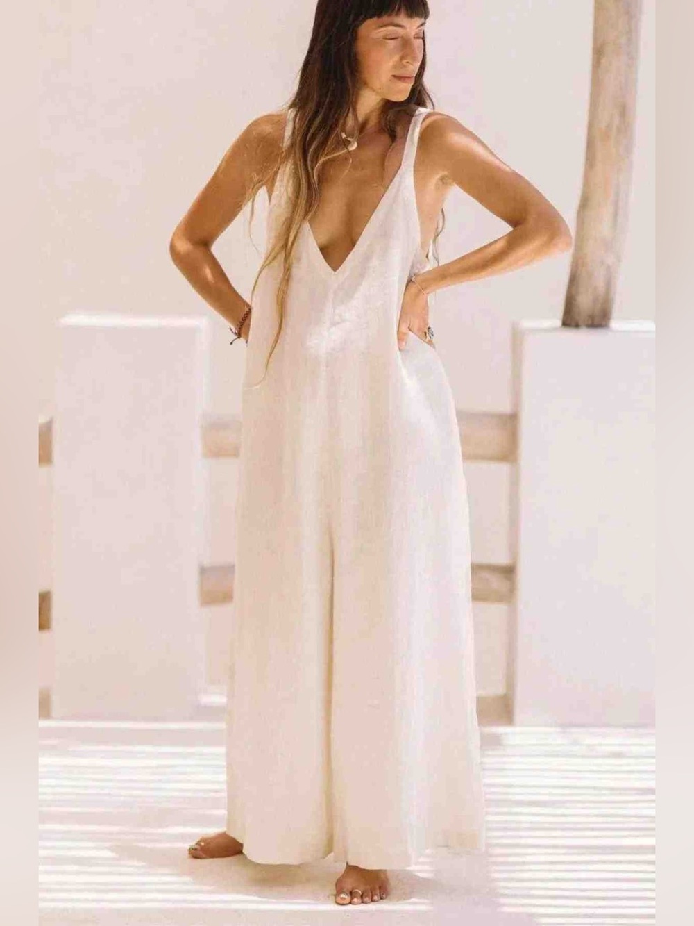 MYRAH PENALOZA 100% Linen White Wide Leg Deep V Neck Jumpsuit VGUC